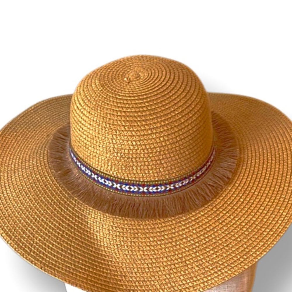 Magid Hats straw hat with fringe trim and patterned band and wide brim